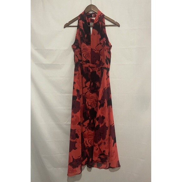 Philosophy Red Black Floral Halter Maxi Dress Size 4 Sleeveless Lined Elegant - Picture 1 of 13